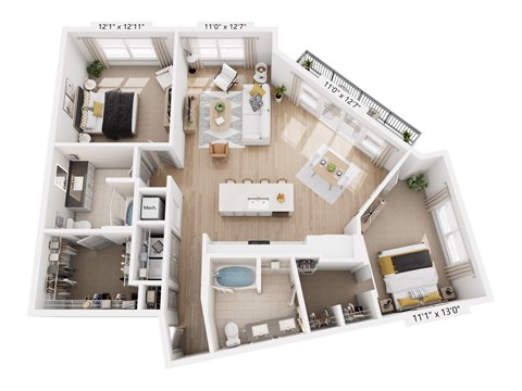 Floor plan for 2 beds, 2 baths, 1350 sqft